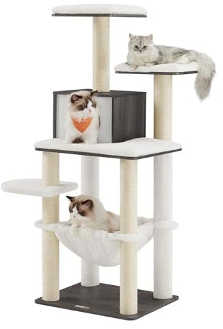 Feandrea Arbre à Chat, Tour de Jeux de 138 cm, Niche, Meuble pour Chat, Multiniveau, avec Griffoirs, Hamac, Plate-Forme, Tissu Peluche Doux, Housse Lavable, Gris Brumeux PCT164G02