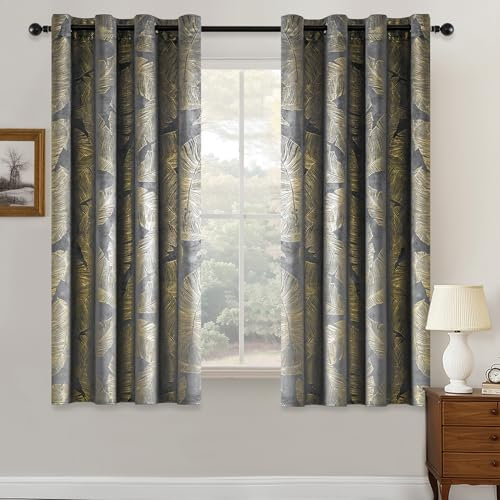 MIULEE Velvet Curtains with Gold Foil Leaves Pattern, 2 Pieces Grey Velvet Curtains with Eyelets, Each 46 x 54 Inch, Room Darkening Curtain Drapes for Classical Living Room Bedroom