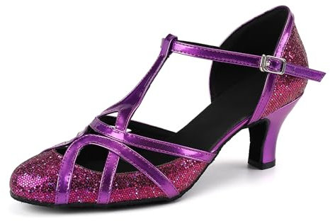 YKXLM Scarpe da Ballo Donna Latino Americano Punta Chiusa con Paillettes Professionali Scarpe Ballo Salsa Tango da Sala,Tacco 5cm,Viola,EU 39