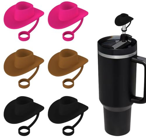 Voyyphixa 6 Pieces Silicone Cowboy Hat Straw Covers, Covers Cap Compatible with Stanley Cup 30 40 oz Funny Straw Protectors Tumbler Straw Topper for 6-10mm Straws (Hat)