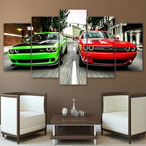 ZYCHKRL 5 Teilige Kunstdruck Leinwandbilder 5 Teiliges Wandbild Dodg Challenger Muscle-Sportwagen Kunstdruck Auf Leinwand Leinwandbilder Wohnzimmer Schlafzimmer Wandbilder Wohnzimmer Modern