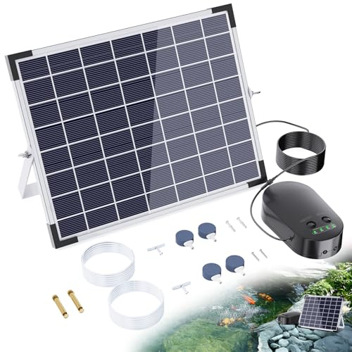 POPOSOAP 15W Solar Teichbelüfter, Solar Belüfter für Teiche mit 4400mAh Akku, Solar Aquarium Luftpumpe mit 2 Ausgängen und Leistungsanzeige, 3 Modi Solar Luftpumpe für Fischteich Tank Hydrokultur