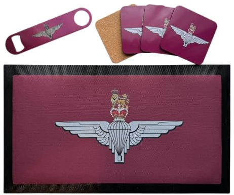 ShopQuality4U Parachute Regiment Para Bar Set, Bar Runner Mat, Matching Bottle Opener & 4x Drinks Coasters, Gift Set | Beer Gifts Home Bar Accessories for Pub Bars Man Cave Him Her