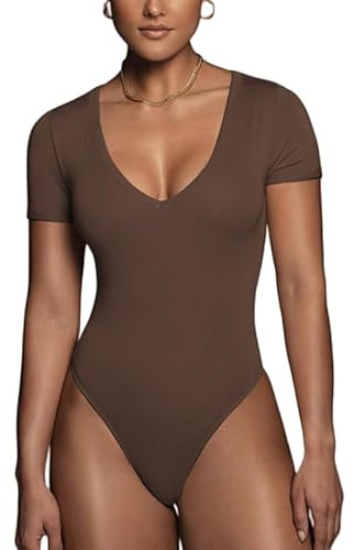 Rongseng Body Mujer de Manga Corta Cuello v Sexy Leotardos Bodysuit Top Elástica Una Pieza Jumpsuit Básico Color Sólido Verano Camiseta Shirts