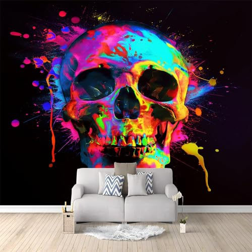 Fototapete 3D Panorama Wandbild Neonfarbe Totenkopf Schwarz 300x210 cm Art Fototapete Wandtapete Wohnzimmer Kinderzimmer Wanddeko Vlies Tapeten Poster TV Hintergrund Wandbilder
