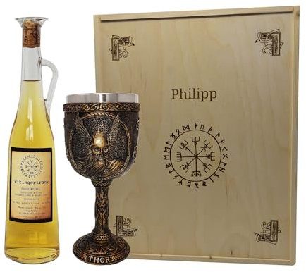Geschenkset Wikinger Kelch oder Krug inklusive Wikingertrank Met Honig Whisky in der Amphore mit Holzbox und Gravur - Met Honigwein personalisierbar verschiedene Varianten (Kelch Thor)