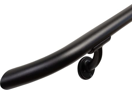 Complete Aluminum Handrail KIT for Indoor/Outdoor – Stylish Round Shape with Curved Ends. Includes Wall Mounts, Hardware, Ergonomic 1-3/8 Dia, ADA Returns (Black Textured, 3' Length)