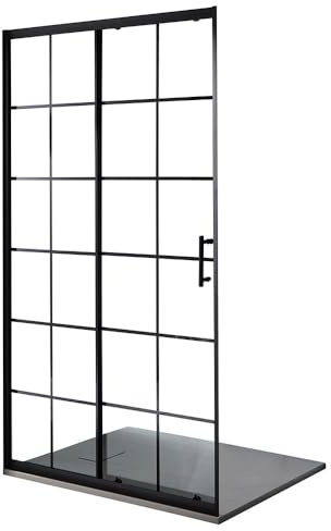 MILANO Black Grid Sliding Door Shower Enclosure Grey Tray 1200 x 900mm | Toughened Glass Panel. Aluminium Profile. Contemporary Style. Framed Design. Recessed Installation. Light Grey Tray & Waste.