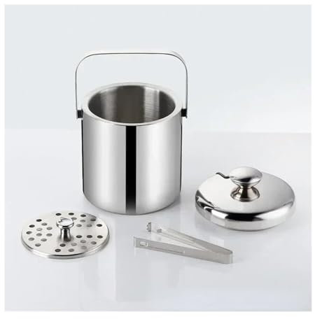 Wine Cooler Preservation Ice Bucket Stainless Steel Ices Bucket With Tong Lid Bar Chilling Beer Cooler Champagne Bucket Drinks Cooler(1300ml)