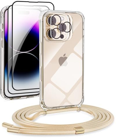 DiDaDi 5 en 1 Set Coque pour iPhone 16 Pro Max avec Cordon, Coque avec Collier Ajustable, Réglable Transparente Housse avec Cordage Lanyard Case, Cordon Telephone Portable, Doré