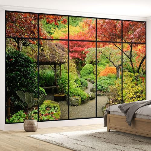 Papier peint panoramique Trompe l'œil Verrière - Jardin 3617680508879 - Largeur 395 cm x Hauteur 250 cm