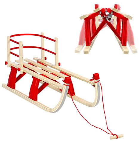 Laneetal Davoser Schlitten faltbar, Holzschlitten 110 cm, Kinderschlitten mit Rückenlehne, Rodel mit Zugseil, aus Buchenholz, für Kinder/Erwachsene, Rot