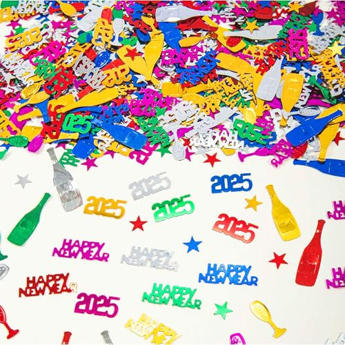 60g Silvester Deko 2025, Happy New Year Konfetti Glitzer Tischdeko Neujahr, Buntes Silvester Konfetti aus Folie, Sterne und Weingläser, Perfekt für Feier, Jahrestag und Neujahrsdeko