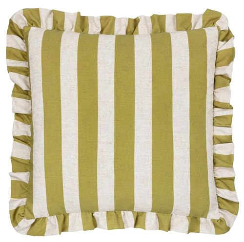 furn. Linen Stripe Printed Ruffle Feather Filled Cushion - Linen/Olive - 50x50cm