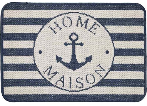 Knutzen Wohnen Fußmatte Home Maison 50x70 cm Creme-Blau - Fußmatte Maritim - rutschfest und waschbar - Fußwärmende Designmatte - Sisaloptik - Ideale Schmutzfangmatte für die Küche und Eingangsbereich