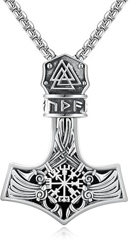 DAYLINLOVE Thor Hammer Necklace 925 Sterling Silver Black Onyx Mjolnir Viking Necklace Norse Runes Amulet Jewelry Gifts for Men Women