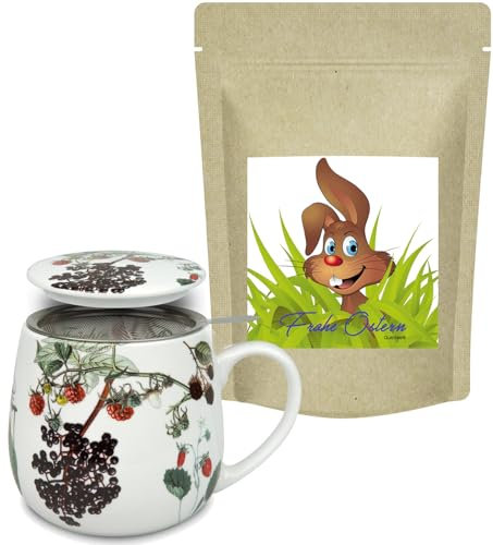 Ostergeschenk Ostertee & Tasse mit Sieb und Deckel - Früchtetee Happy Osterhase mit Eierlikör-Schokoladengeschmack & Könitz Tea for One - Früchtetee Tasse