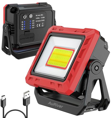 AuRiver Lampe de travail LED, 2000 lumens, super lumineuse, lampe d'inspection à batterie, lampe d'inspection et batterie externe avec pied magnétique et rotation à 180 °, pour garage, atelier