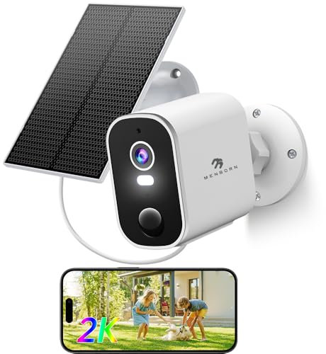 Menborn 2K Telecamera WiFi Esterno Senza Fili, Telecamera Batteria con Pannello Solare, Rilevamento PIR, Visione Notturna a Colori, Audio Bidirezionale, IP65 e Compatibile con Alexa, 2,4GHz