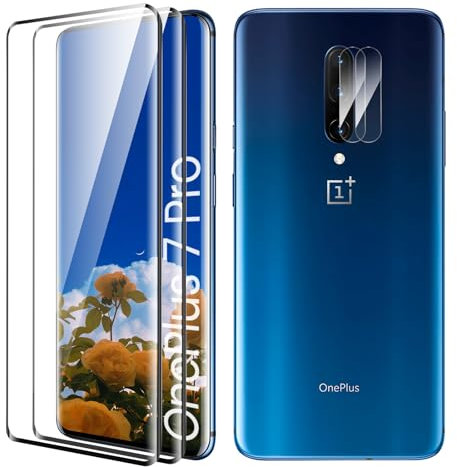 Verre Trempé pour OnePlus 7 Pro/ 7T Pro Plein écran, Affaire Classée Protection écran, Bord à Bord, sans Bulle, Anti-Scratch, 2 Pièces Verre Trempé + 2 Pièces Caméra Protection écran