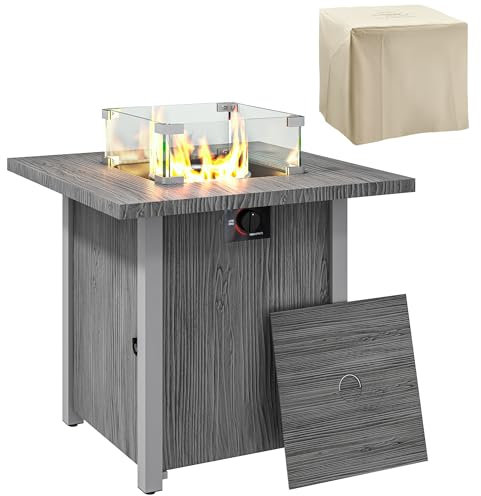 Outsunny Propane Gas Fire Pit Table for Garden, 40000 BTU Smokeless Firepit Outdoor Heater with Waterproof Cover, Glass Screen, Glass Beads and Lid, Wood Effect, 71 x 71 x 62.5cm, Dark Grey