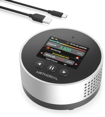 Airthereal Radonmessgerät RM63 mit Touchscreen, 504 Tage Datenspeicher | LCD-Farbdisplay, lange Akkulaufzeit, akustischer und visueller Alarm, kontinuierliche Langzeitüberwachung