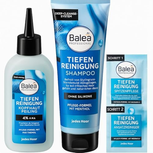 Balea Tiefenreinigung 3er Pack - Shampoo Tiefenreinigung (250 ml)+Kopfhautpflege Peeling Tiefenreinigung (150 ml) + Tiefenreinigung, Spitzenpflege & Ansatzreiniger (2x8 ml) +Kopfhaut Massagebürste
