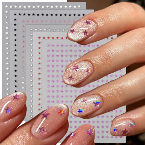 6 Blatt Stern Nagelabziehbilder für Nagelkunst 3D Selbstklebende Himmlische Nagelaufkleber Weiß Schwarz Rot Lila Silber Laser Pentagramm Nail Art Aufkleber Mini Stern Nageldesign Abziehbilder