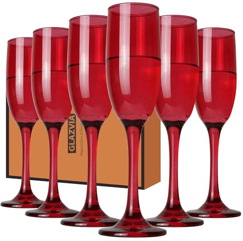 GLAZVIA Champagne Flutes Glasses Set of 6, 6oz Elegant Red Glass | Unique Red Colored Long Stem Champagne Flute Gift for Wedding, Anniversaries, Parties, Birthday, Restaurant, Home Bar
