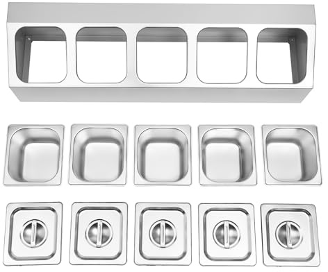 BZYFJB Set di 5 contenitori per ingredienti in acciaio inox con griglia e coperchi, forniture per ristoranti, negozio di pentole, latte e frutta, contenitori per alimenti 201, in acciaio inox
