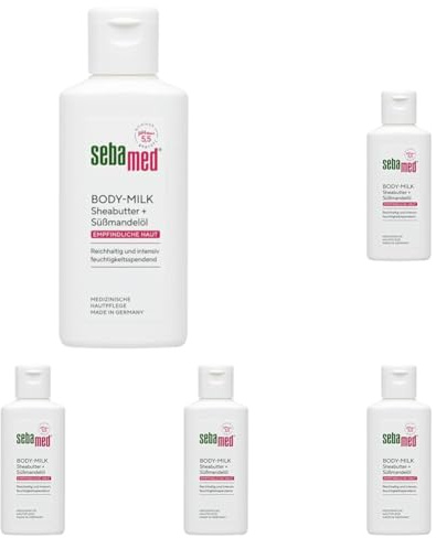 Sebamed Bodymilk 50 ml, in praktischer Reisegröße für unterwegs, Körpercreme, reichhaltig und intensiv feuchtigkeitsspendend, mit Süßmandelöl und Sheabutter (Packung mit 5)