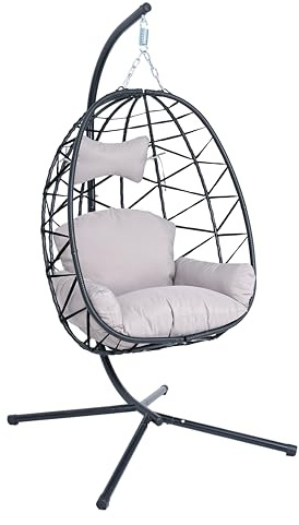 Hängesessel Ei mit Kissen & Gestell – Freistehender Hängestuhl für Innen & Außen – Faltbarer Schaukelstuhl für Garten, Terrasse & Balkon – 1-Sitzer, bis 180 kg belastbar (Schwarz)
