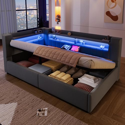 NovaFurnish Daybett, 90 x 200 cm,Hydraulische Lagerungt, Mit USB Typ-C Ladefunktion, LED-Beleuchtung, Sofabett, Einzelbett, Ohne Matratze, Leinen, minimalistischer Stil,Grau