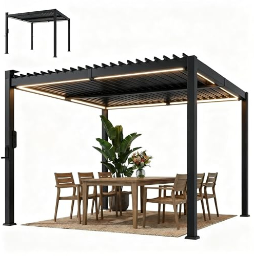 Outsunny - Pergola bioclimatica 3x3m con luci LED solari, pergola a lamelle orientabili, tetto metallico, grondaie, manovella, tonnelle da giardino, protezione dal sole, nero
