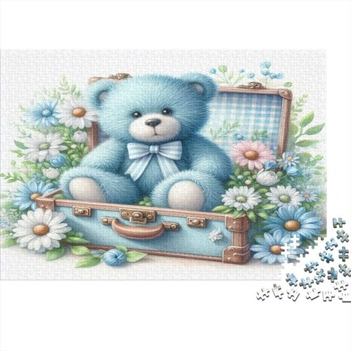 Blauer Teddy Koffer Blumen Puzzle Premiumpapier Entspannung Gehirnjogging Blauer Teddybär im Koffer Erwachsene ab 14 Jahren Einzigartig 52x38cm/1000Teile