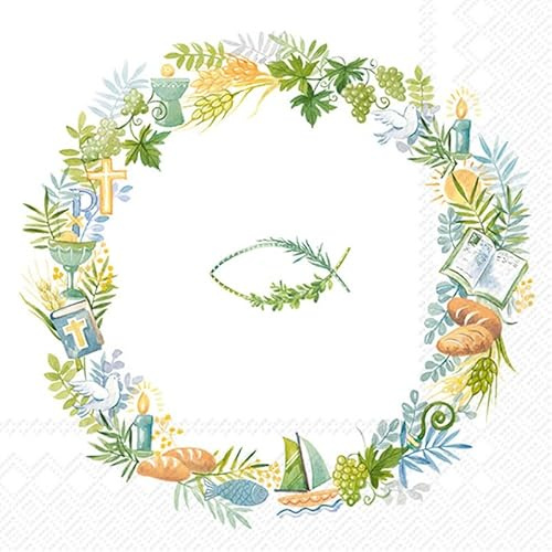 20 Servietten Kommunion & Konfirmation Kranz an kirchlichen Symbole als Tischdeko. Papierservietten mit Motiv. Auch für Decoupage und Serviettentechnik 33x33cm