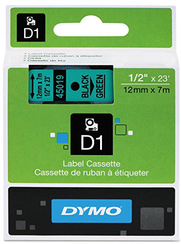 D1 Standard Tape Cartridge for Dymo Label Makers, 1/2in x 23ft, Black on Green, Sold as 1 Each