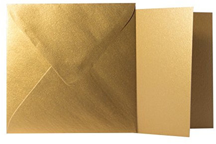 Briefumschläge24Plus 25 Quadratische Gold Briefumschläge 120g von der Größe 11 X 11 cm + Klappkarten 240g von der Größe 10,5 X 10,5 cm, mit dreieckiger Lasche zum Kleben ohne Fenster