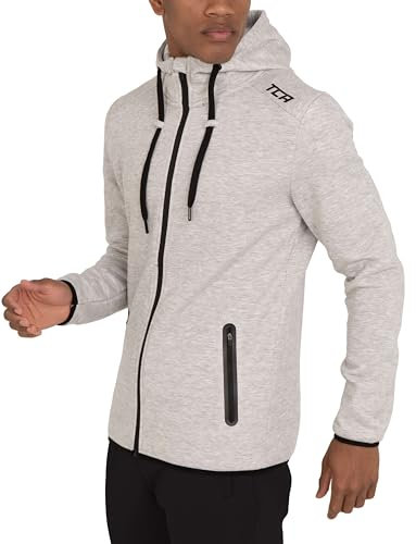 TCA Men’s Revolution Tech Workout Thermal Running Hoodie Jacket with Zip Pockets and Thumbholes - Quiet Shade Grey, XL