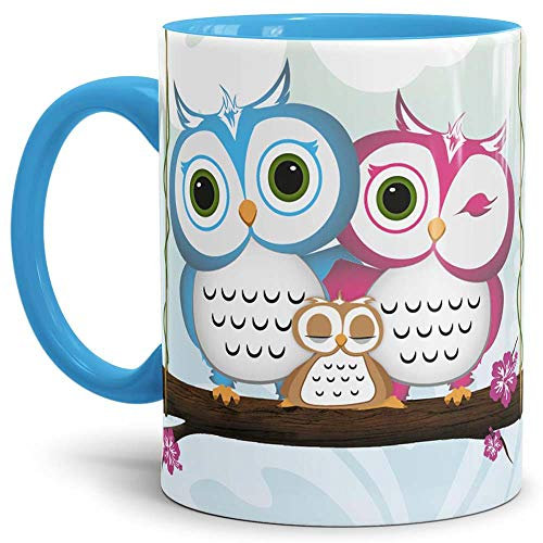 Eulen Tasse Comic - Kaffeetasse/Mug/Cup Innen und Henkel Blau - Qualität made in Germany