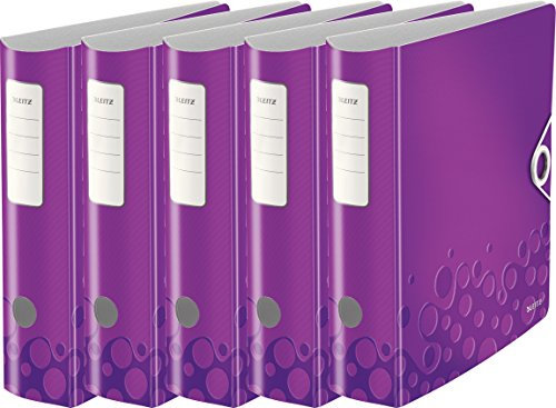 Leitz Qualitäts-Ordner 180° Active Wow, A4, Runder Rücken, 8,2 cm Breite, Kunststoff, Gummibandverschluss (5er Pack, violett metallic)