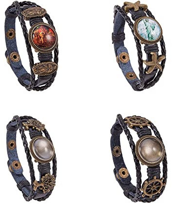 SUNNYCLUE DIY 4 Sets Braided Leather Bracelet Making Kit Multilayer Rope Bangle Cuff Wristband with Blank Alloy Cabochon Bezel Tray, Clear Glass Cabochon 18mm, Button Adjust, Mixed Shapes