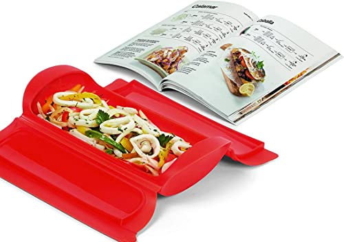 Lékué Kit Estuche de vapor, 1,2 personas + libro de recetas Guia Indispensable + bandeja, silicona platino rojo, 600 ml