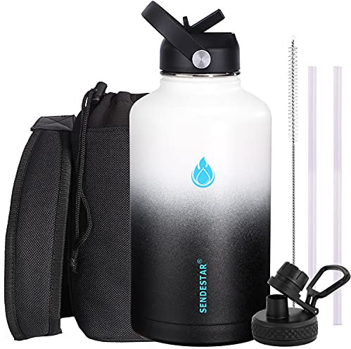 SENDESTAR Water Bottle 64oz Double Wall Vacuum Insulated Leak Proof Stainless Steel Sports Water Bottle—Wide Mouth with New Flex Straw Lid & Spout Lid (Day&Night)