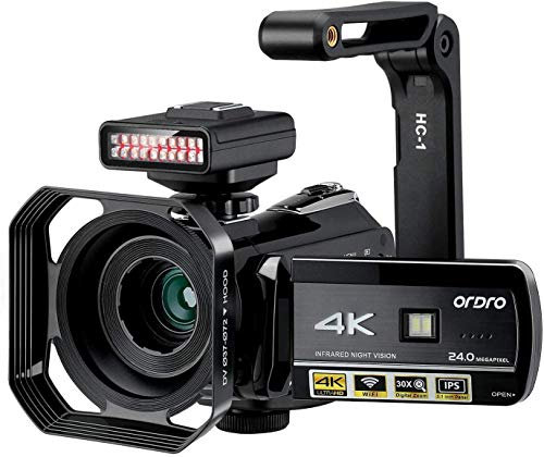 ORDRO Videocamera 4K UHD Visione Notturna Videocamera Vlog Fantasma Caccia Camcorder per YouTube 3.1'' IPS Touch Screen Camcorder con IR Light Handheld Holder Lens Hood 32G SD Card e 2 batterie