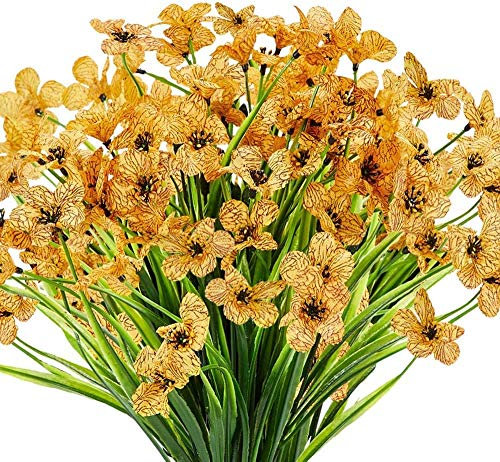 Ancokig Artificial Violet Flowers Outdoor UV Resistant Fake Flowers 6pack No Fade Faux Plastic Plant Shrubs Greenery for Indoor Outside Hanging Planter Window Box Patio Home Decor (Yellow)
