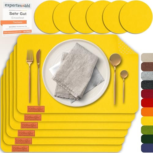 MAHEWA 6er Set Premium Tischset Platzset aus Filz rutschfest Ab-waschbar und Waschmaschinenfest Eckige Platzdeckchen Teller-Untersetzer Filzset Tisch-Matten Platz-Matten (Gelb, 6er Set)