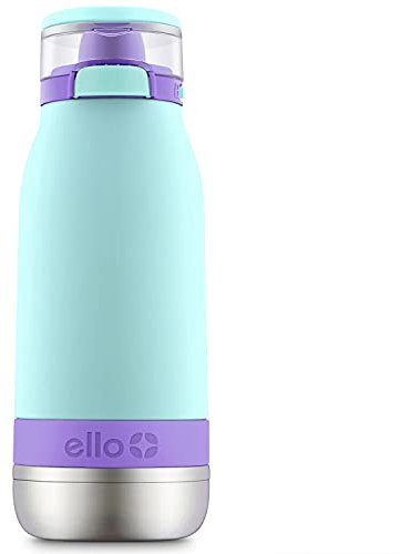 Ello Emma Botella de agua de acero inoxidable aislada al vacío para niños con pajita antimicrobiana, 14 onzas, menta