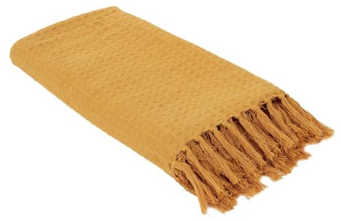 HOME DECO FACTORY - TX8159 Jeté de canapé en Coton gaufré Jaune Ocre - Décoration intérieure élégante - Dimensions 130 x 160 cm - Polyvalent et Pratique