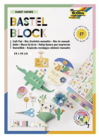 folia 49101 - Bastel-Block Sweet Safari mit 27 Blatt Bastelpapier im Format 24 x 34 cm, mit bedrucktem Fotokarton, Tonpapier, irisierendem Papier, vorgezeichneten Formen und Stickern